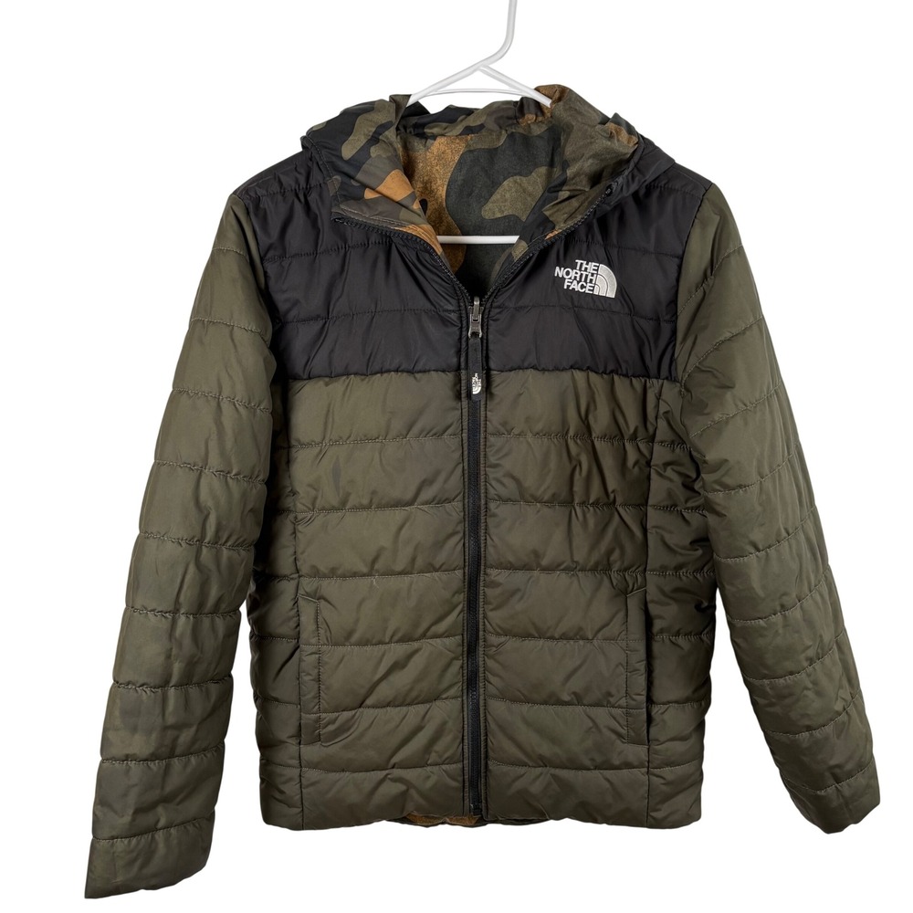 The North Face Puffer Jacket Boys L 14/16 Green Camo Reversible Gorpcore Parka